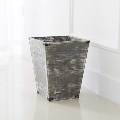 VERGOODR Gray Farmhouse Style Torched Wood Square Waste Bin with Decorative Metal Brackets Trash Can for Bedroom,Living Room, Bathroom & Office
