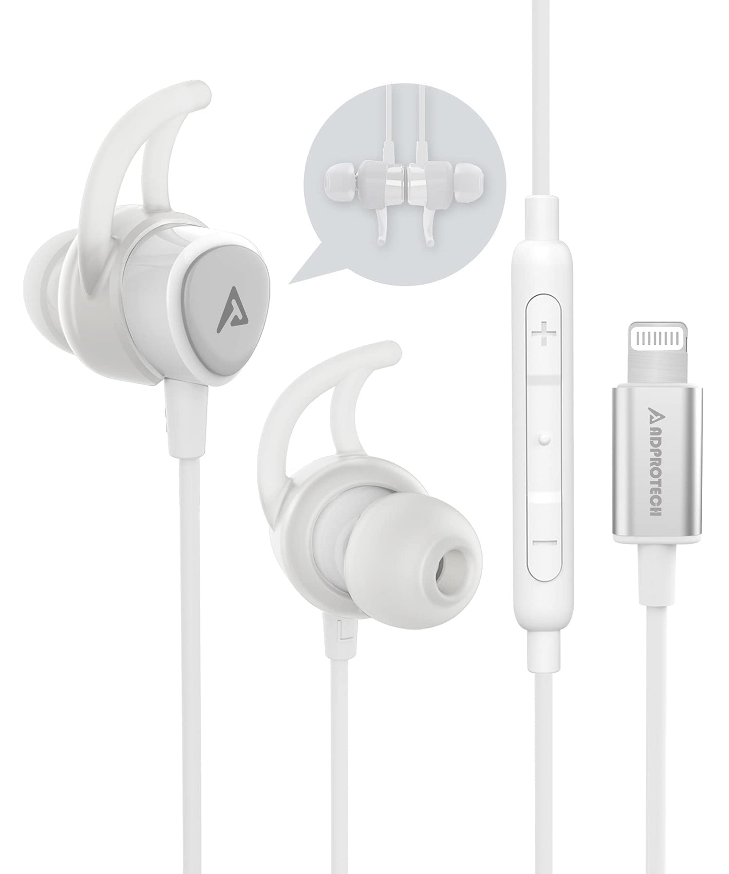 ADPROTECH Lightning Headphones Earphones Magnetic Earbuds in-Ear MFi Certified with Microphone Controller for Sports Workout Compatible with iPhone 15/14/13/12/11 (Pure White, Lightning)