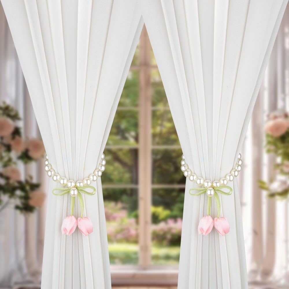 SUQ I OME 1 Pair of Handmade Tulip Flower Curtain Magnetic Tiebacks,Curtain Ties,Curtain Holdbacks for Home Office Decoration,Pink