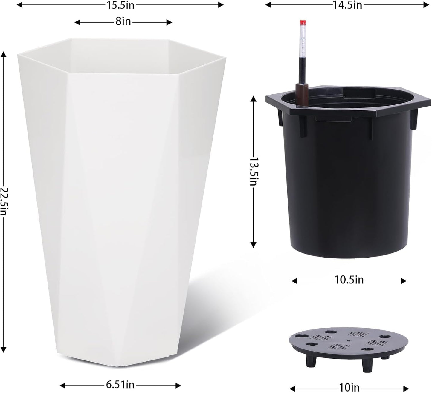 ExploreHorizon 22.4 Inch Tall Tapered Planters Set of 2, Large Indoor Outdoor Flower Pots with Wheels Water Level Monitor & Trays for Patio Balcony Lounge