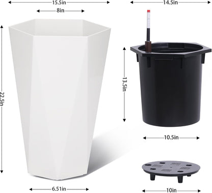 ExploreHorizon 22.4 Inch Tall Tapered Planters Set of 2, Large Indoor Outdoor Flower Pots with Wheels Water Level Monitor & Trays for Patio Balcony Lounge