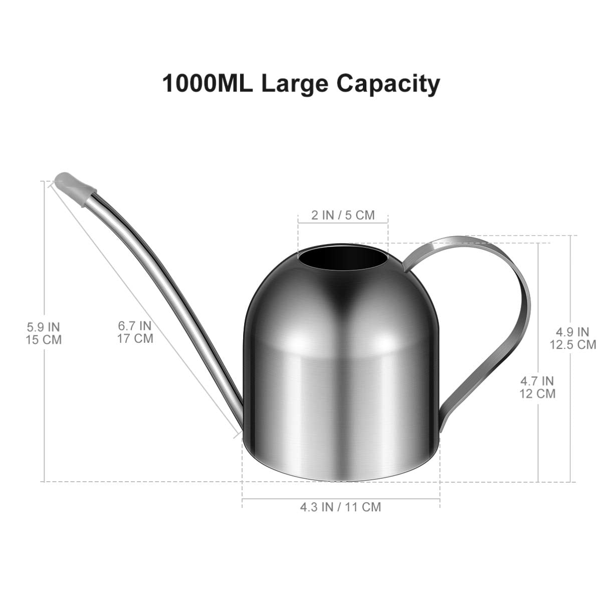 YARNOW 1000ml Stainless Steel Watering can with Long Spout for Indoor Plants, Succulents, and Garden Use (Silver)
