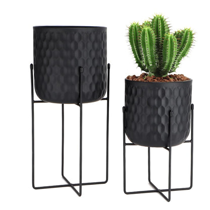 TRIROCKS Set of 2 Planters with Stand Indoor Outdoor Metal Plant Stand 8 * 18 &7 * 12 "Modern Planters Flower Pots for Living Room Corner Kitchen Office Garden Balcony Patio Decor(Black)