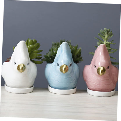 BESPORTBLE Ceramic Flower Planter with Tray Cartoon Parrot Design Indoor Succulent Pot Bonsai Container Gift and Home Decor
