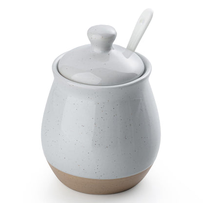 famiware Milkyway Sugar Bowl with Lid and Spoon, 10oz Ceramic Sugar Jar/Pot/Dispenser for Salt, Condiments, Spice, Seasonings, Sugar Container for Coffee Bar, Home, Kitchen, and Countertop, Light Gray