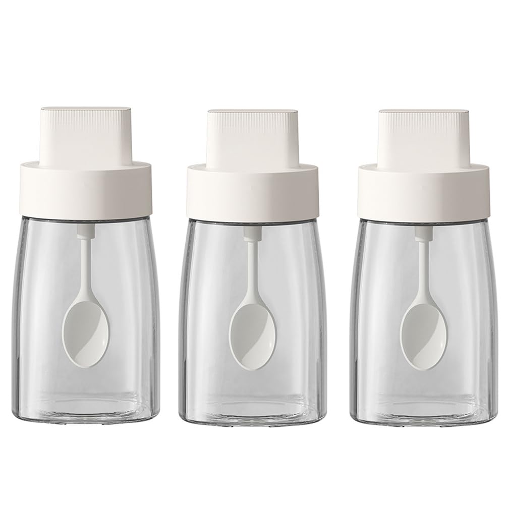 LOYUYU Kitchen Sodium Calcium Glass Spice Jars Seasonning Box Set of 3, Condiment Pots Spice Jars, Retractable Spoon and Lid Combination Design, Airtight Cap 9.7oz White