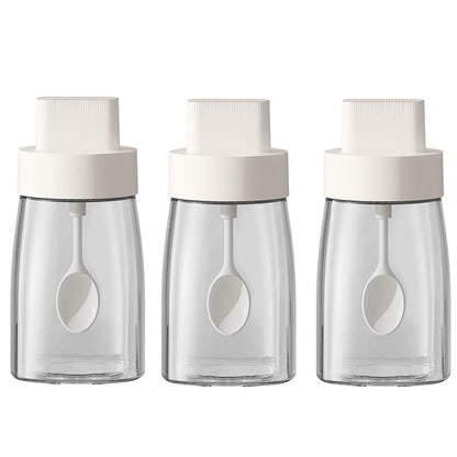 LOYUYU Kitchen Sodium Calcium Glass Spice Jars Seasonning Box Set of 3, Condiment Pots Spice Jars, Retractable Spoon and Lid Combination Design, Airtight Cap 9.7oz White