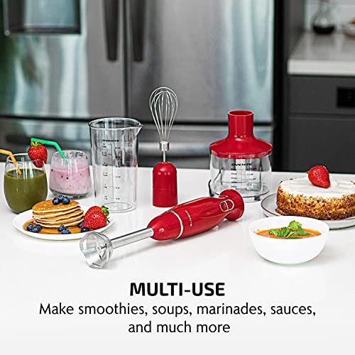 OVENTE Immersion Hand Blender, 300W Electric Handheld Portable Stick Mixer with 2 Mixing Speed and Stainless Steel Blades for Effortless Blending Smoothies, Shakes, Puree or Baby Food, Red HS560R