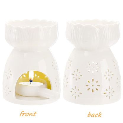 Lyellfe 3 Pack Ceramic Tealight Candle Holder, Essential Oil Burner with Spoon, White Carved Wax Warmer Aroma Diffuser Furnace for Birthday Valentines Home Decor