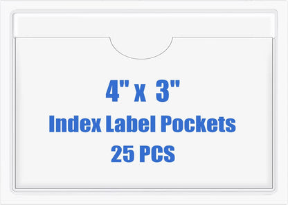 Origin-Joy 25 PCS Self-Adhesive Index Label Pockets, Clear Plastic Peel & Stick Card Holders with Top Open for Loading (4 x 3 inch)