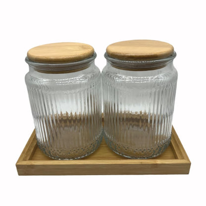 BEECO GIF2U Decorative Glass Containers Canisters with Airtight Wooden Lids 2 PACK,Food Jar for Kitchen,Bathroom Bath Salts Decor Organizers Countertop Holder with Vanity Tray (Stripe Embossed, 23oz)