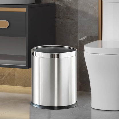 LEASYLIFE 2.6Gallon/10L，Stainless Steel Bathroom Trash Can,Chrome Trash Can,Silver Garbage Can for Office，Wastebasket for Hotel，Office，Store，Metal Trash bin Without lid (Silver)