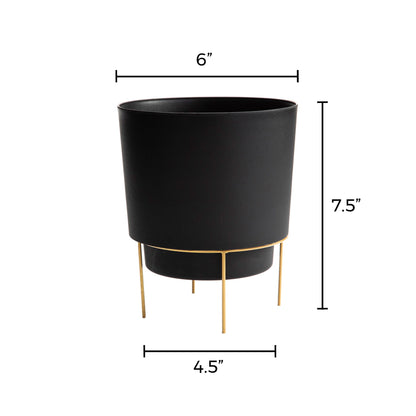 Bloem Hopson Decorative Resin Cachepot with Metal Stand, 6" Indoor and Outdoor Planter with Gold Metal Stand, Black