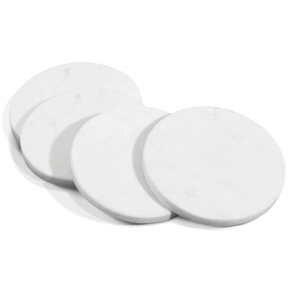 Mela Artisans White Marble Coasters Set of 4 – Round Stone Coasters for Drinks – Elegant White Coffee Table Decor – Handcrafted Natural Marble Cup Mat for Wine, Water & Beer