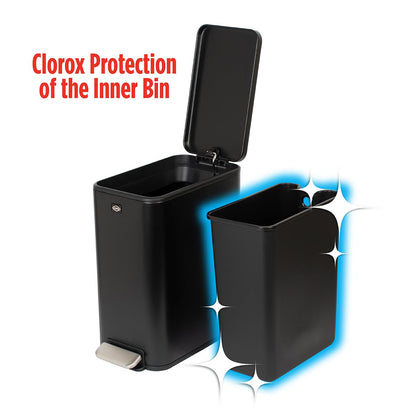 Clorox Slim Trash Can - 2.6 Gallon (10 Liter) Small Metal Trash Can with Soft Close Lid, Step Pedal, Removable Bucket - Black Stainless Waste Bin for Narrow Spaces, Bathroom, and Office