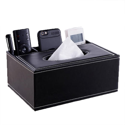 PU Leather Tissue Box Cover - Multifunctional Tissue Box Holder with Stationery Remote Control Box - Elegant and Stylish Home Napkin Holder Desktop Tissue Paper Holder Desk Storage Organizer (Black)