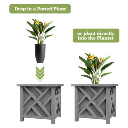 Ratiyae 15.5-Inch Outdoor Lattice Planter Box, Gray Decorative Plant Pot for Patio, Garden, Porch & Balcony