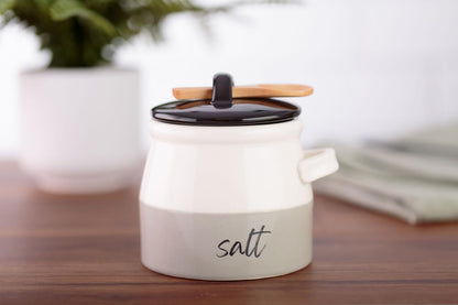 Keika Collective Salt Cellar with Lid and Spoon 10 oz - Handmade Ceramic Salt Keeper with 1.75 inch Lid and 3 inch Bamboo Spoon - Stylish Salt Container for Kitchen Decor