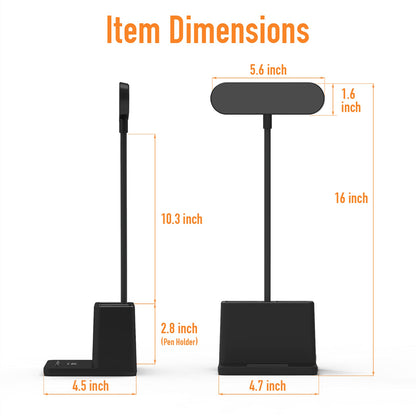 AXX Black LED Desk Lamp for Home Office Bedroom, Battery Operated Table Light for Computer Desktop, Small, Cute, Dimmable, Rechargeable, Flexible Gooseneck, Pen Holder, Phone Mount, Touch Control