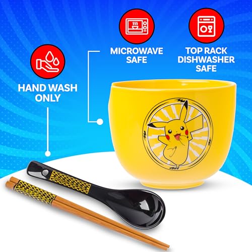 Silver Buffalo Pokemon Pikachu Electric Ceramic Ramen Noodle Rice Bowl with Chopsticks and Spoon, Microwave Safe, 20 Ounces