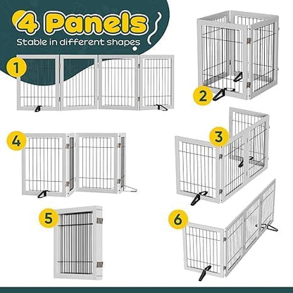 Semiocthome Freestanding Dog Gate Indoor, Dog Gates for Doorways and Stairs, 24" H- 4 Panels Puppy Gate with 2 Metals Stands Adjustable Safety Fence Wire Pet Gate - White
