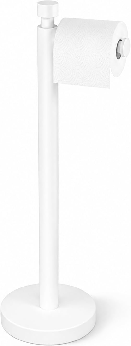 YUMORE Toilet Paper Holder Stand, Weighted Base, Matte White | Stainless Steel Design with Open-Arm Access for Bathrooms and Powder Rooms