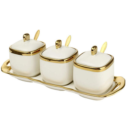 Spice Jars,Ceramic Spice Containers Kitchen Sugar Salt Condiment Jars Jars set with Lids and Spoons (White)