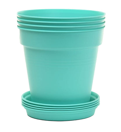 Mintra Garden Pots, 4 Pack Bulk Plastic Plant Pots with Drainage Tray, Round Indoor & Outdoor Decorative Planters with Drain Holes for Flowers, Herbs & Plants, 19cm Diameter – Teal, 7.5 in