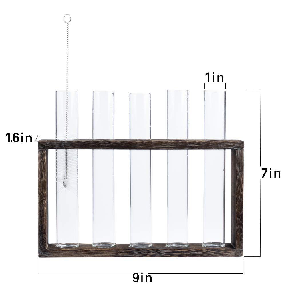 PACDONA 5 Tube Wooden Plant Propagation Station, Tabletop Glass Terrarium Holder for Cuttings Hydroponics, Home Office Desk Decor Gift for Women Mom Plant Lovers, Brown