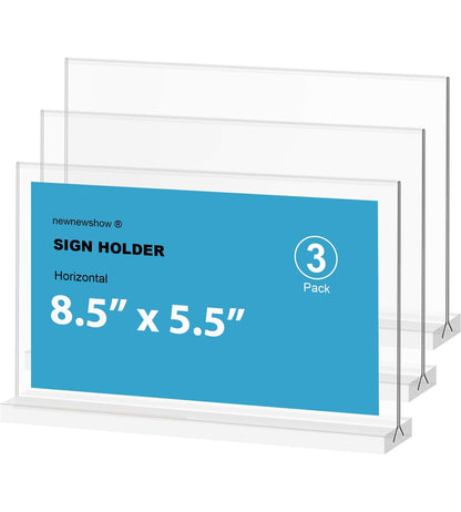 newnewshow Acrylic Sign Holder 8.5x5.5 Inch 3 Pack Horizontal T Shape Double-Sided Desktop Display Holder. (Optional 8.5x11 8.5x5.5 5x7 Horizontal and Vertical)