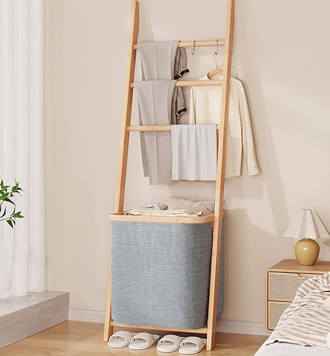Blanket Ladder with Basket, Bamboo Towel Rack with Storage Hamper Basket, Wall Leaning Decorative Ladder Shelf, Drying Display Blanket Holder Rack for Bathroom Living Room (Grey)