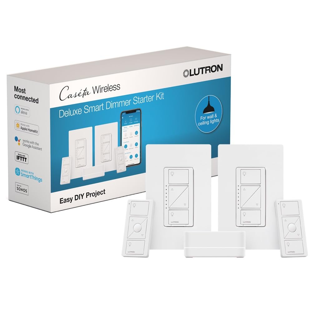 Lutron Caseta Original Smart Dimmer Switch Kit w/ Hub, with Pico Remote, Wallmount Bracket, & Smart Hub, Works with Alexa, Apple Home, Google Home, 3 Way, 150W, No Neutral Req, P-BDG-PKG1W-A
