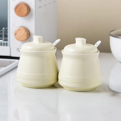 YMYL 2 Pcs Ceramic Sugar Bowls with Lid and Spoon, Farmhouse Seasoning Storage Jar Salt Container for Sugar, Pepper, Coffee, Spice, Salt (Apple Green)