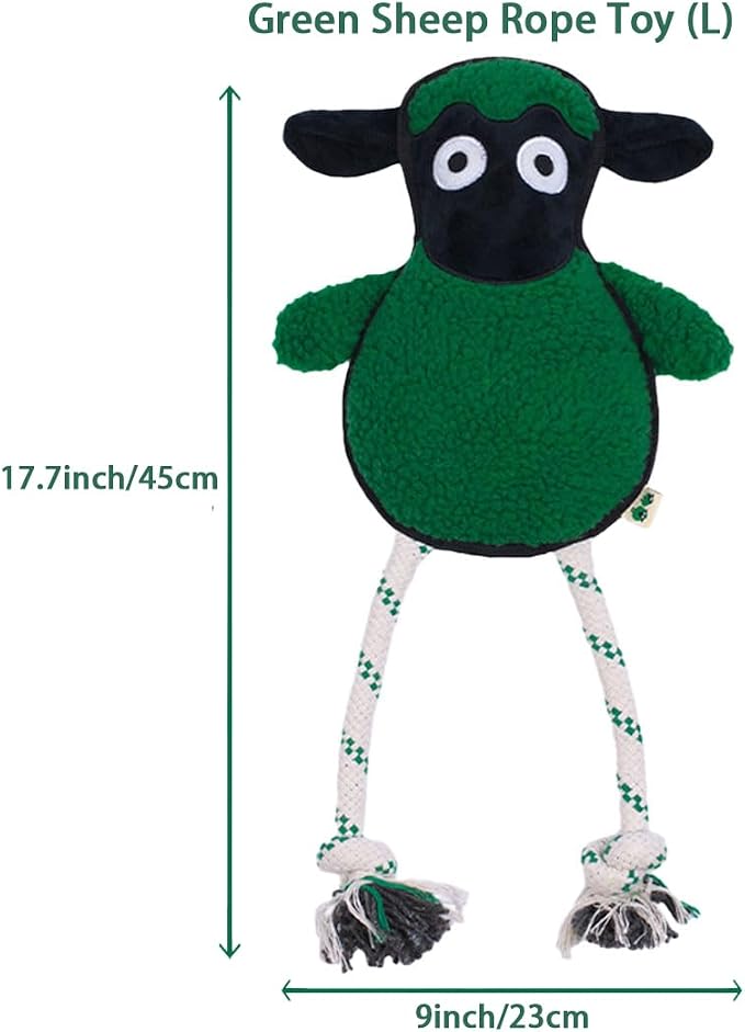 Green Sheep Dog Toy, Durable Plush Rope Toy with Squeaker for Small to Large Dogs, Interactive Chew Toy for Pets, Tough & Recycle Cotton Rope Dog Toys to Keep Them Busy
