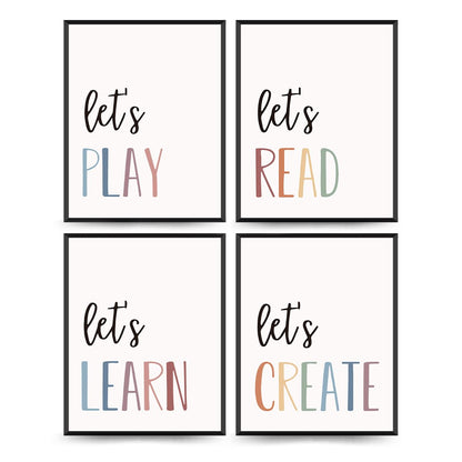 PLKMN Let's Play Read Wall Art Prints Decor Set of 4 - Play Room Essentials, Boho Neutral Let's Learn Let's Create