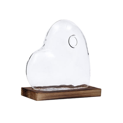 Heart Shaped Glass Vase with Wooden Base, Plant Terrarium Propagation Station for Windowsill Desk Decor (5.1x4.7 inch)