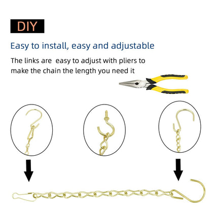 236 Inch Gold Hanging Baskets Chains - Adjustable Length, Brass Decorative Metal Chain with A Great Assortment of Hooks for Hanging Bird Feeders Planters Baskets Billboards Ornaments, Chain Hooks DIY