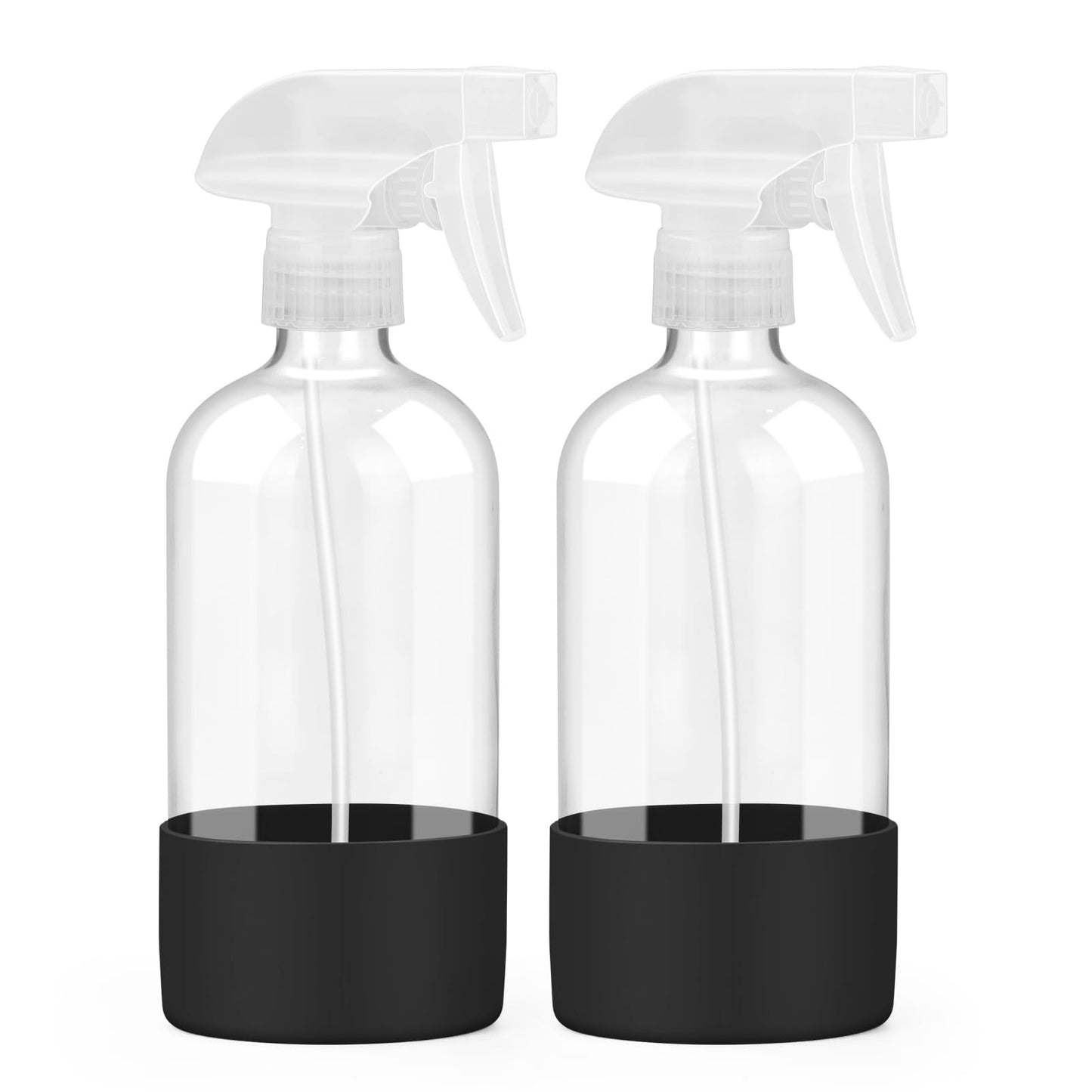 Worldgsb 2 Pack Glass Spray Bottles with Silicone Sleeve, 16 oz Empty Refillable Containers with Adjustable Spray Nozzles, Spray Bottles for Hair, Cleaning Solutions and Plants Black