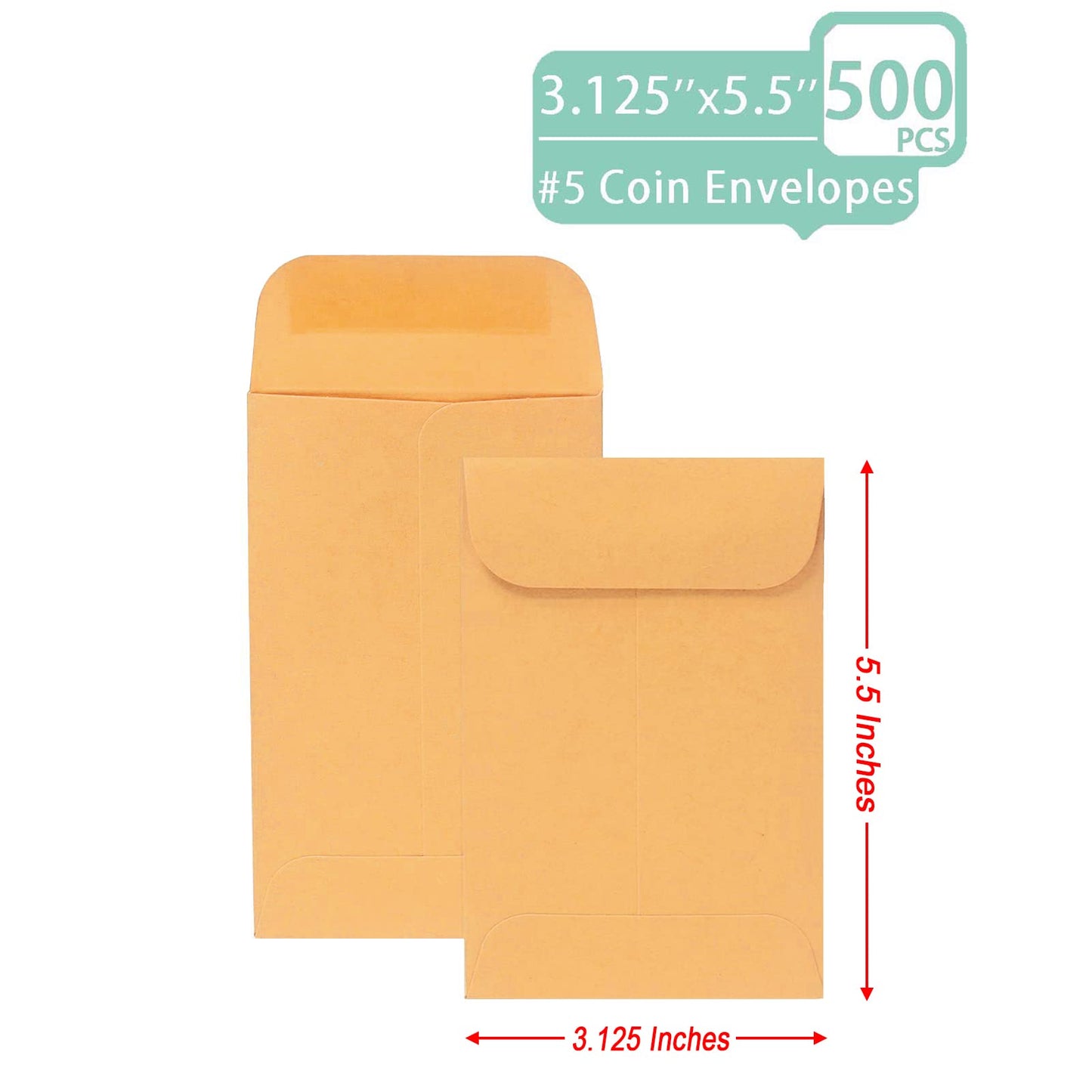 Xxcxpark 500 PCS #5 Coin Envelopes, 3.125 x 5.5 inches Brown Kraft Envelopes Classic Small Parts Envelopes with Self Adhesive Gummed Flap for Coins, Cash, Credit Cards, Seeds