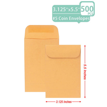Xxcxpark 500 PCS #5 Coin Envelopes, 3.125 x 5.5 inches Brown Kraft Envelopes Classic Small Parts Envelopes with Self Adhesive Gummed Flap for Coins, Cash, Credit Cards, Seeds