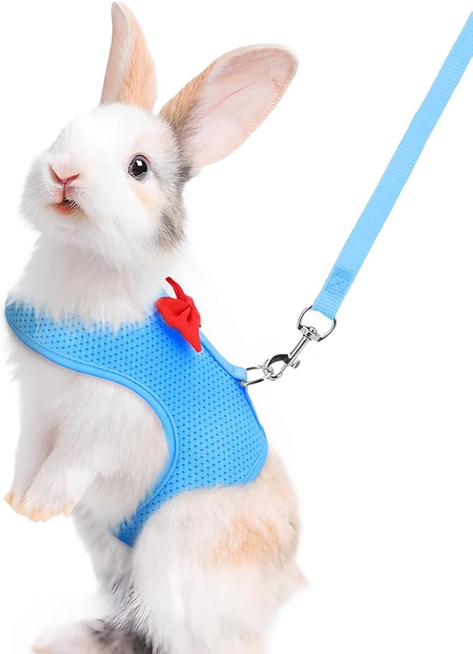 Light Blue Rabbit Harness and Leash Set, with Cute Bow Soft Breathable Mesh Bunny Vest Harness for Rabbits Kitten Ferret Puppy Small Pets Walking, L