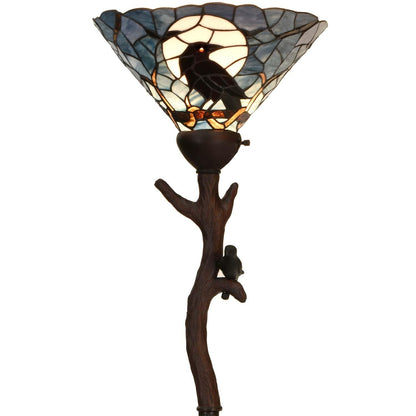 Bieye L10959 Raven Sitting on Bare Tree Branch in Full Moon Night Tiffany Style Stained Glass Torchiere Floor Lamp for Halloween Decor (Dark Blue)