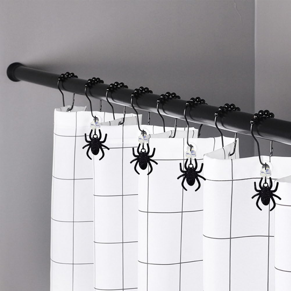 Black Spider Shower Curtain Hooks for Decorative Spiderman Bathroom Set，Stainless Steel Rustproof Shower Hooks, Halloween Boy Spiderman Theme Element Decor 12PCS (Black)