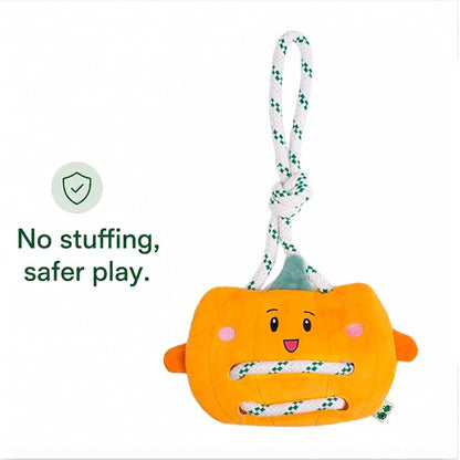 Green Sheep Interactive Plush Dog Toy, No Stuffing Squeaky Toy with Recycled Cotton Rope for Medium to Large Dogs, Pumpkin