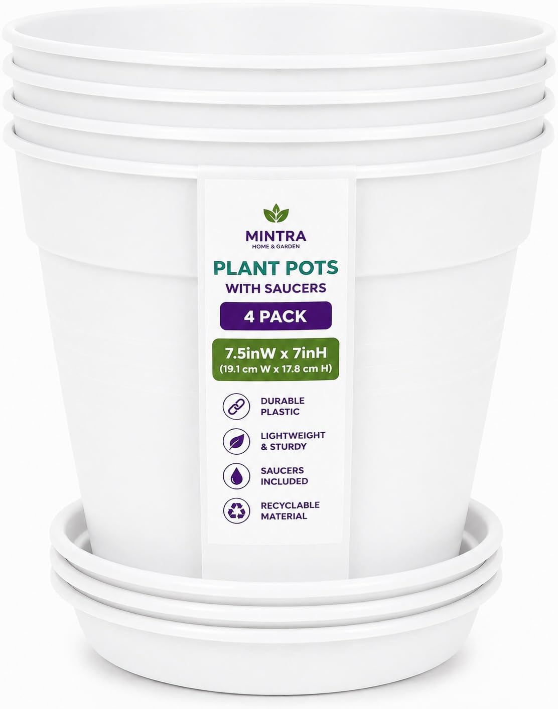Mintra Garden Pots, 4 Pack Bulk Plastic Plant Pots with Drainage Tray, Round Indoor & Outdoor Decorative Planters with Drain Holes for Flowers, Herbs & Plants, 19cm Diameter – White, 7.5 in
