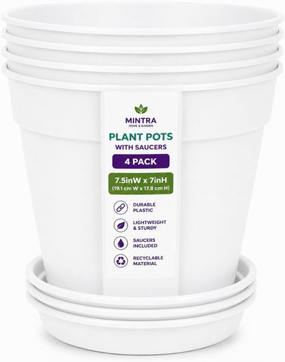 Mintra Garden Pots, 4 Pack Bulk Plastic Plant Pots with Drainage Tray, Round Indoor & Outdoor Decorative Planters with Drain Holes for Flowers, Herbs & Plants, 19cm Diameter – White, 7.5 in