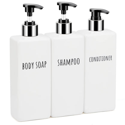 Segbeauty Square Soap Dispenser Refillable, 3pcs 16.9oz Plastic Pump Bottles, 500ml Empty Reusable Modern Bathroom Kitchen Liquid Container Set for Dispensing Shampoo Conditioner Body Soap White