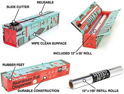 ChicWrap BBQ Tools Refillable Foil Dispenser - One 12"x 30' Roll of Professional Grade Aluminum Foil - Reusable Dispenser w/Slide Cutter - Kosher Certified - Reduces Waste & Saves Money