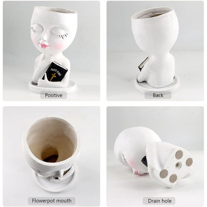 Meltset M Face Planters Pots Head for Indoor Outdoor Plant Unique Head Planter Holding Book Confessional Girl Face Flower Pot with Drainage for Succulent Cactus String Of Pearls Plant Gift Idea(White)