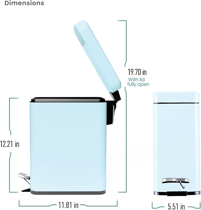 Home Zone Living 1.3 Gallon Small Bathroom Trash Can with Lid and Step Pedal, Stainless Steel Wastebasket with Slim Design for Home and Office, Matte Powder Blue, 5 Liters